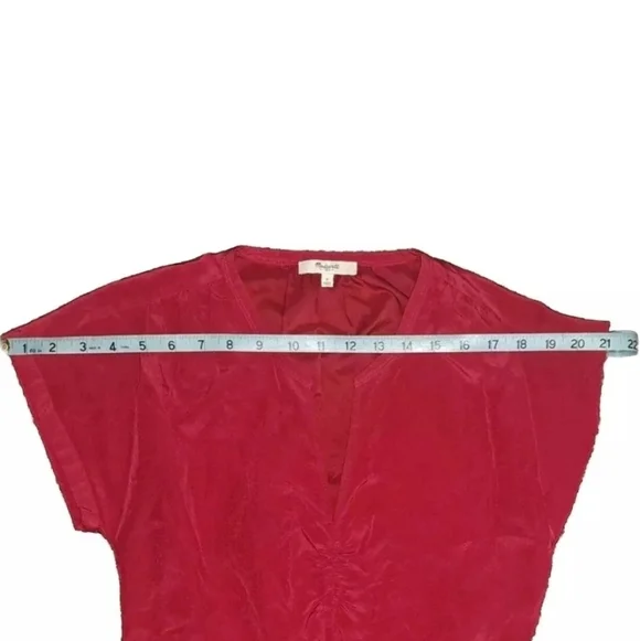 Madewell | Red Pink Ruched V-neck Short Sleeve Silk Dress Size 2 B26#10 - Picture 6 of 8